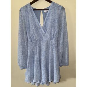 Japna Blue Paisley Long Sleeve Romper Skort Dress Cutout Back XL